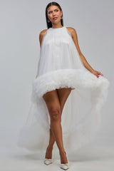 ARI TULLE RUFFLE HIGH LOW MINI DRESS IN WHITE