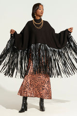 CITY GIRL FAUX LEATHER FRINGE SWEATSHIRT IN BLACK