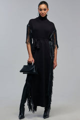 CHEYENNE FAUX BLACK LEATHER FRINGE BELTED SWEATER
