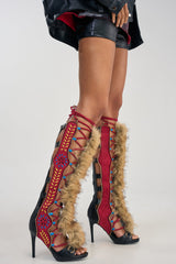 AZALEA WANG SHAINE BLACK MULTI GLADIATOR STITCH AND FUR SANDAL