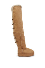 AZALEA WANG SHEA CHESTNUT FAUX SUEDE SHEARLING THIGH HIGH FLAT BOOT
