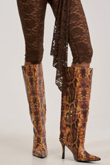 AZALEA WANG SIMONE ORANGE SNAKE STILETTO BOOT