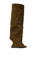 AZALEA WANG VINCENT OLIVE FAUX SUEDE OPEN TOE WEDGE BOOT