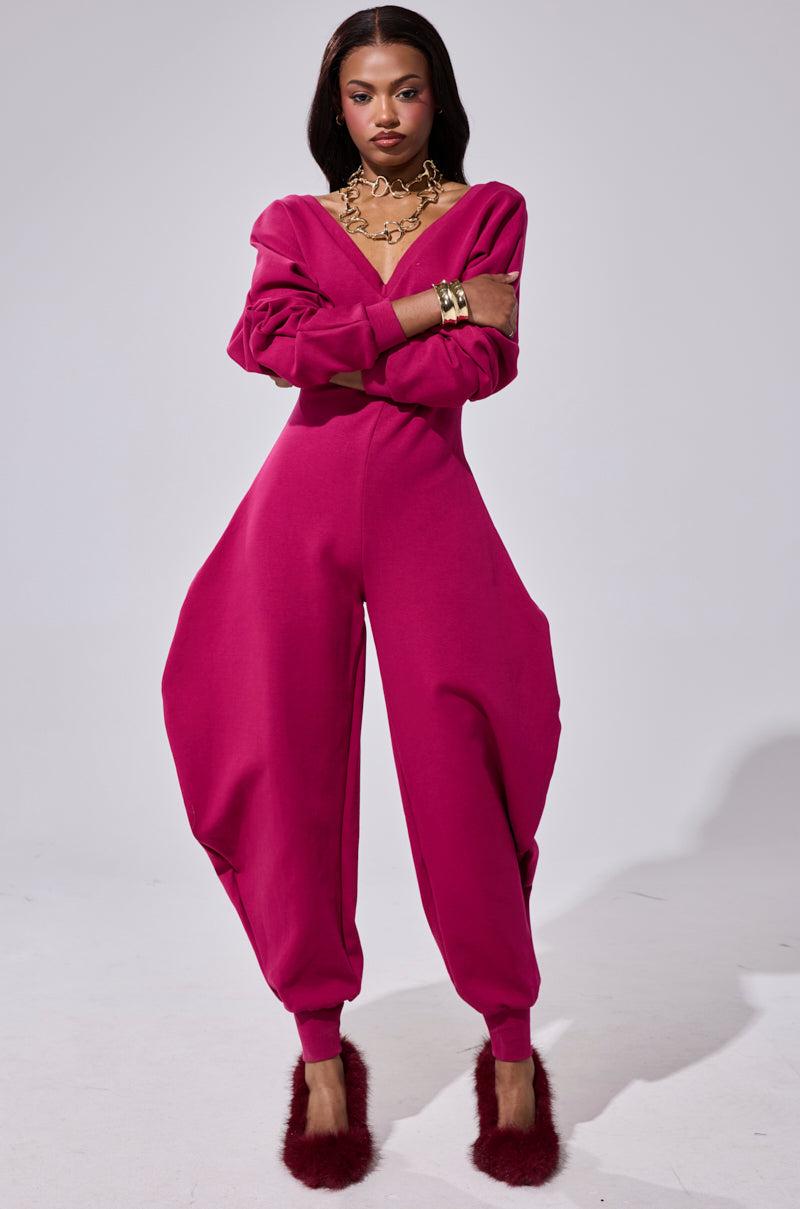 COMFY COZY SWEATSHIRT JUMPSUIT IN PLUM