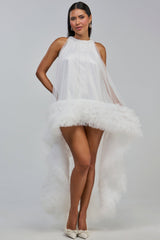 ARI TULLE RUFFLE HIGH LOW MINI DRESS IN WHITE