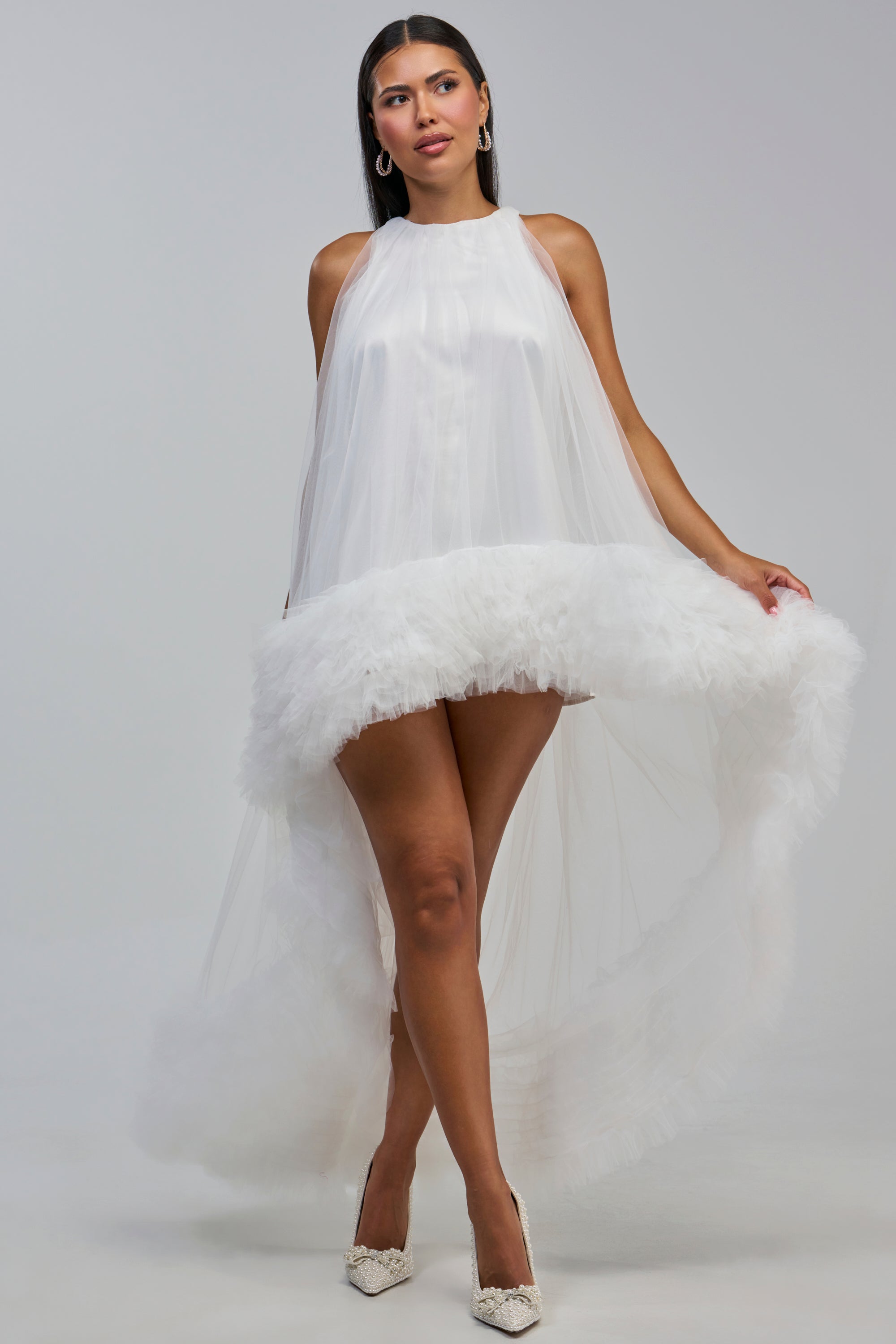 ARI TULLE RUFFLE HIGH LOW MINI DRESS IN WHITE