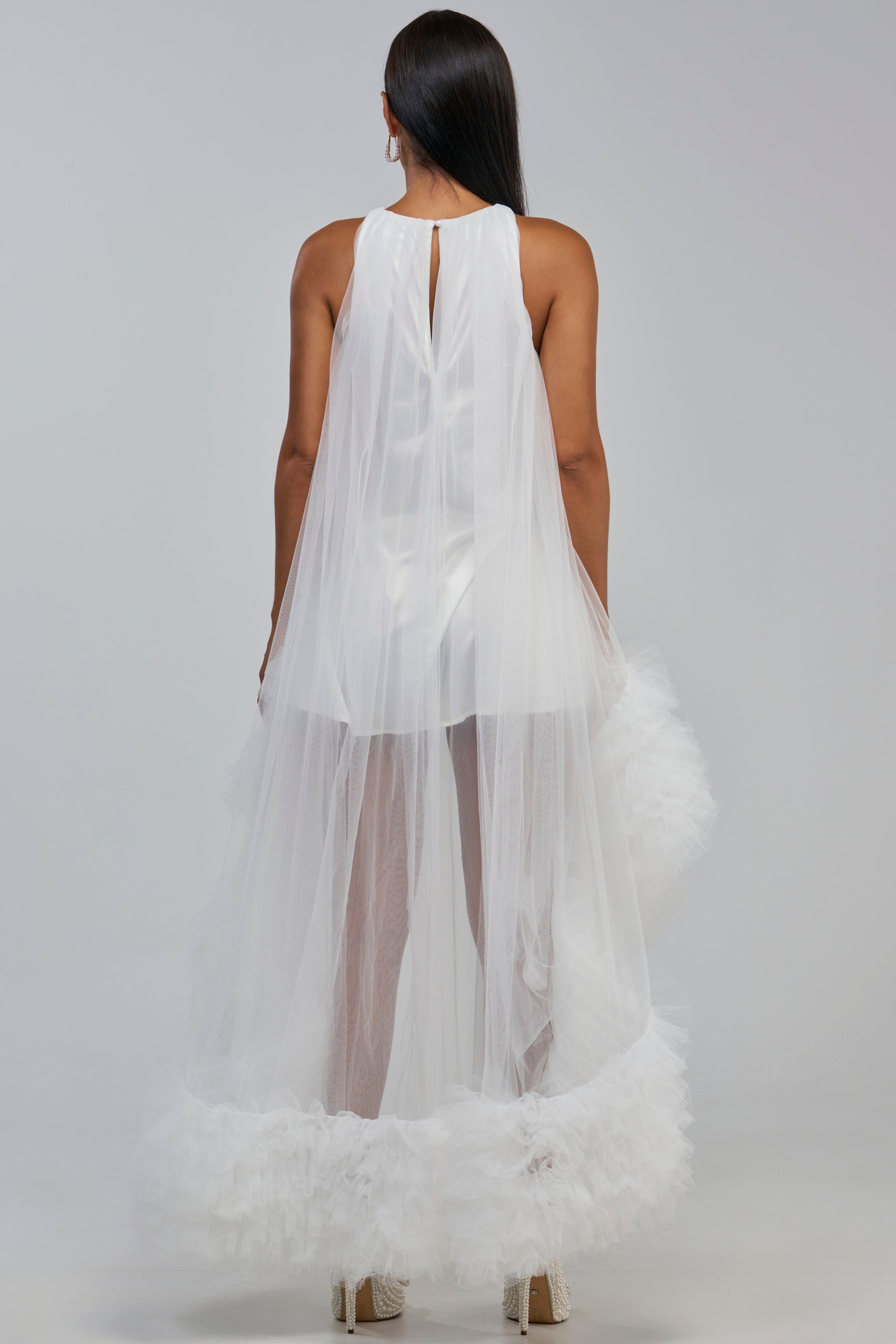 ARI TULLE RUFFLE HIGH LOW MINI DRESS IN WHITE