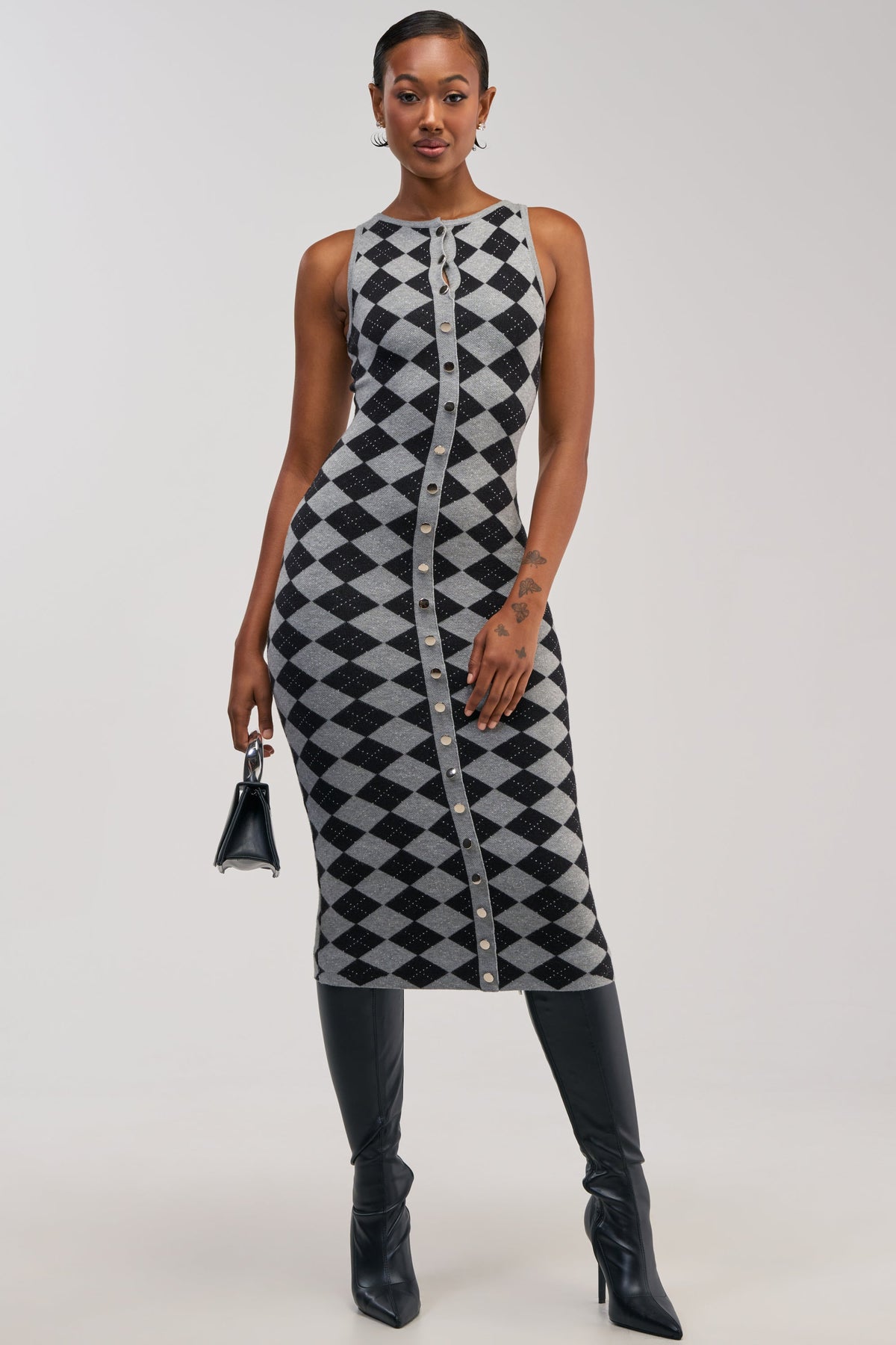 CLASSY BITCH KNIT ARGYLE SWEATER DRESS