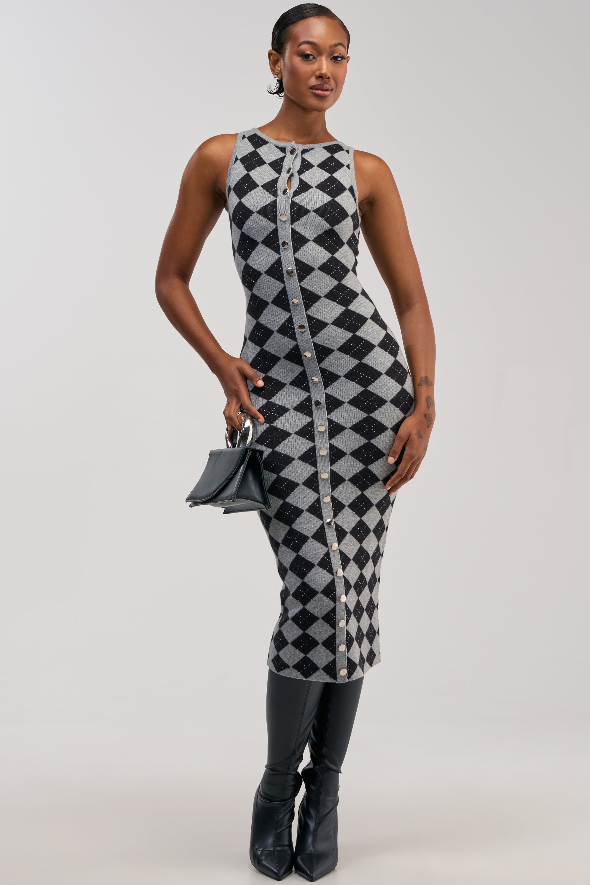 CLASSY BITCH KNIT ARGYLE SWEATER DRESS