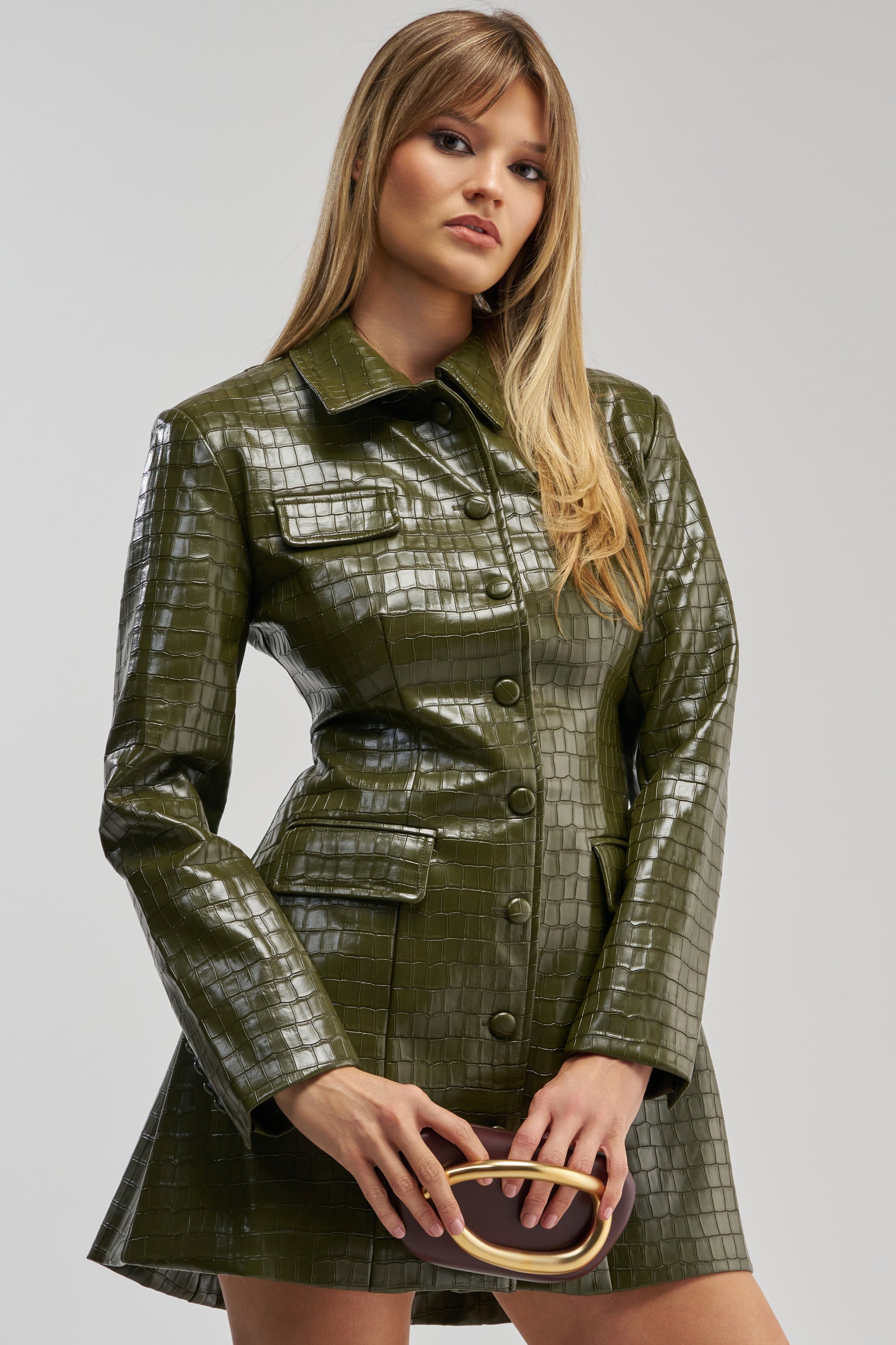 ALWAYS IN CHARGE PU MINI DRESS IN OLIVE