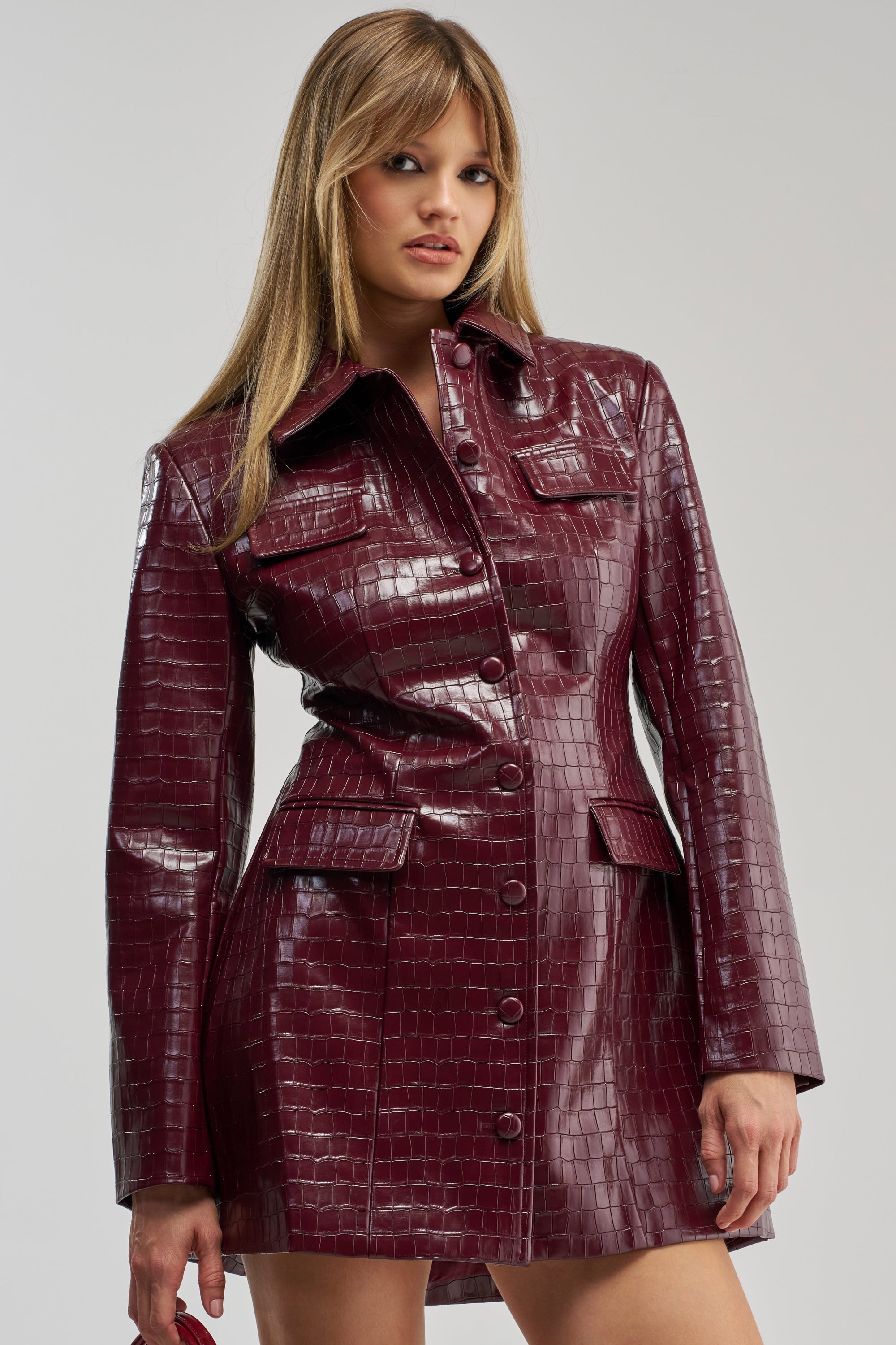 ALWAYS IN CHARGE PU MINI DRESS IN BURGUNDY