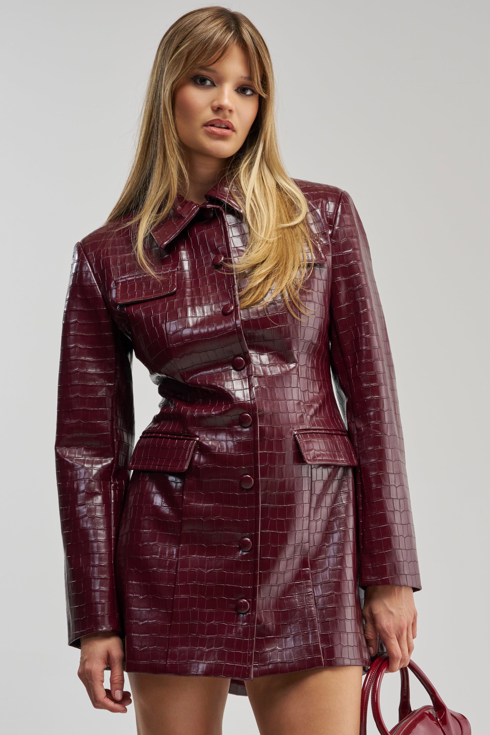 ALWAYS IN CHARGE PU MINI DRESS IN BURGUNDY