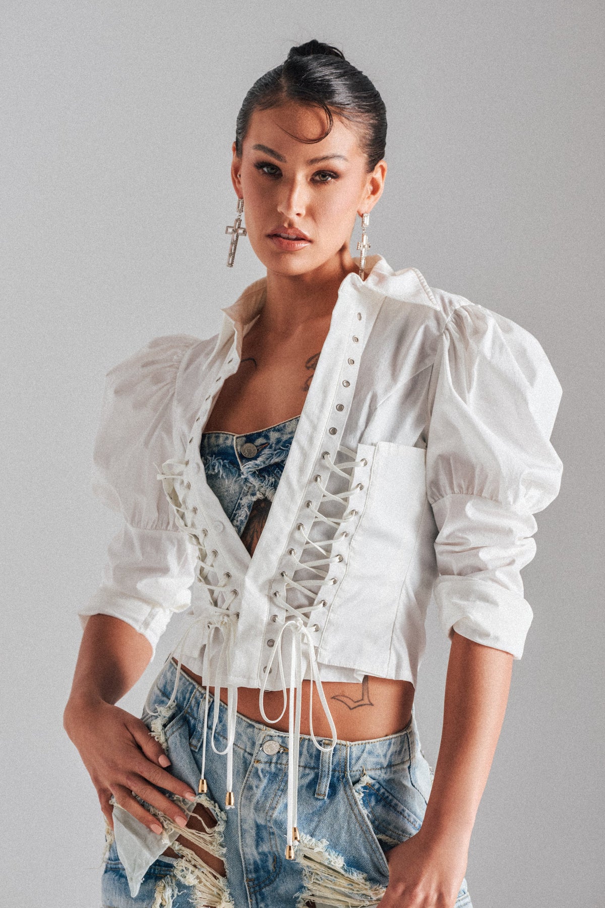 DAKOTA LACE UP BUTTON DOWN BLOUSE