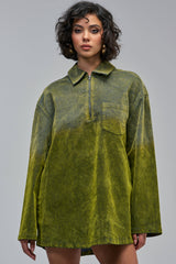 COOL GIRL OVERSIZED VELVET DENIM SHIRT DRESS IN GREEN