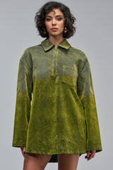 COOL GIRL OVERSIZED VELVET DENIM SHIRT DRESS IN GREEN