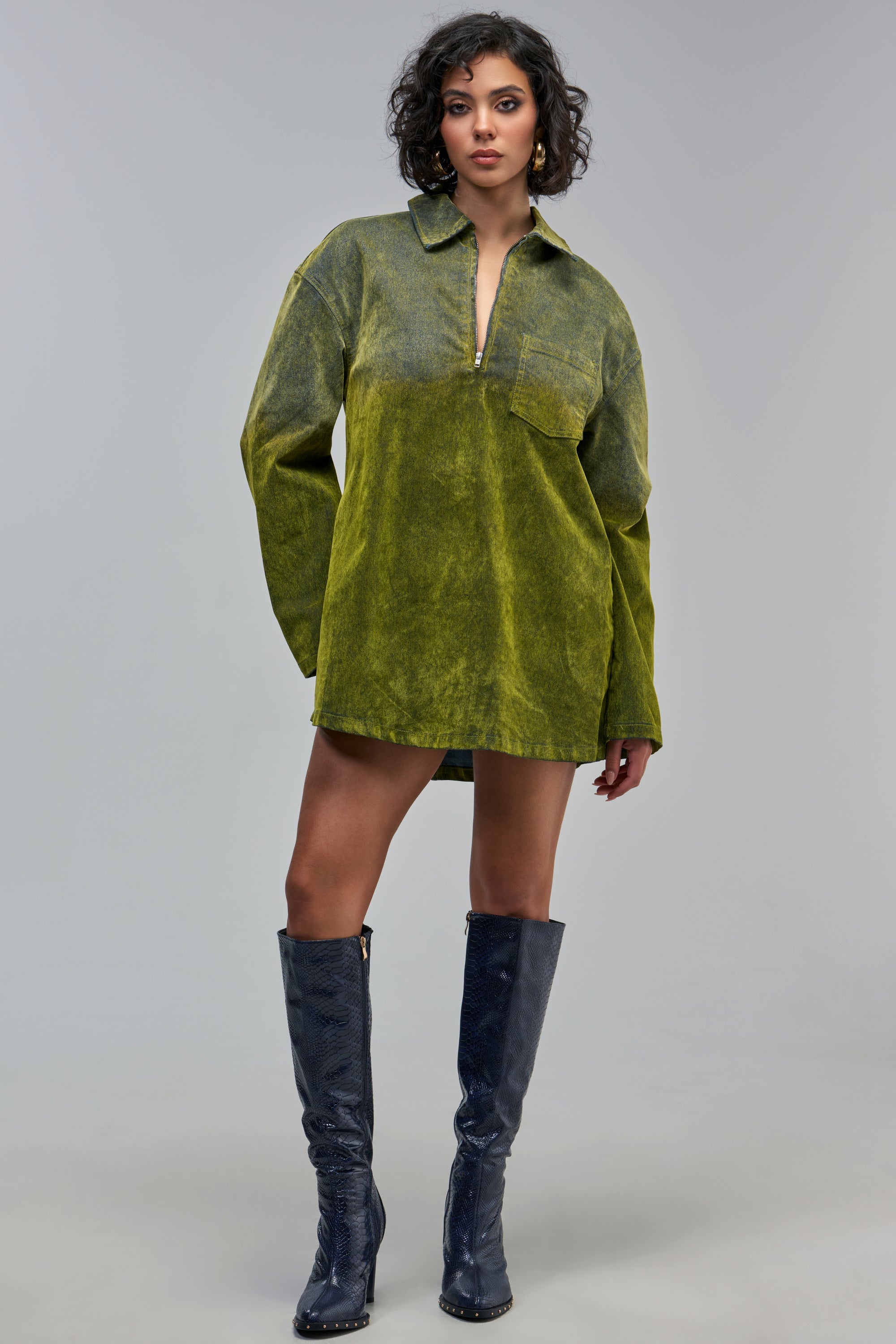 COOL GIRL OVERSIZED VELVET DENIM SHIRT DRESS IN GREEN