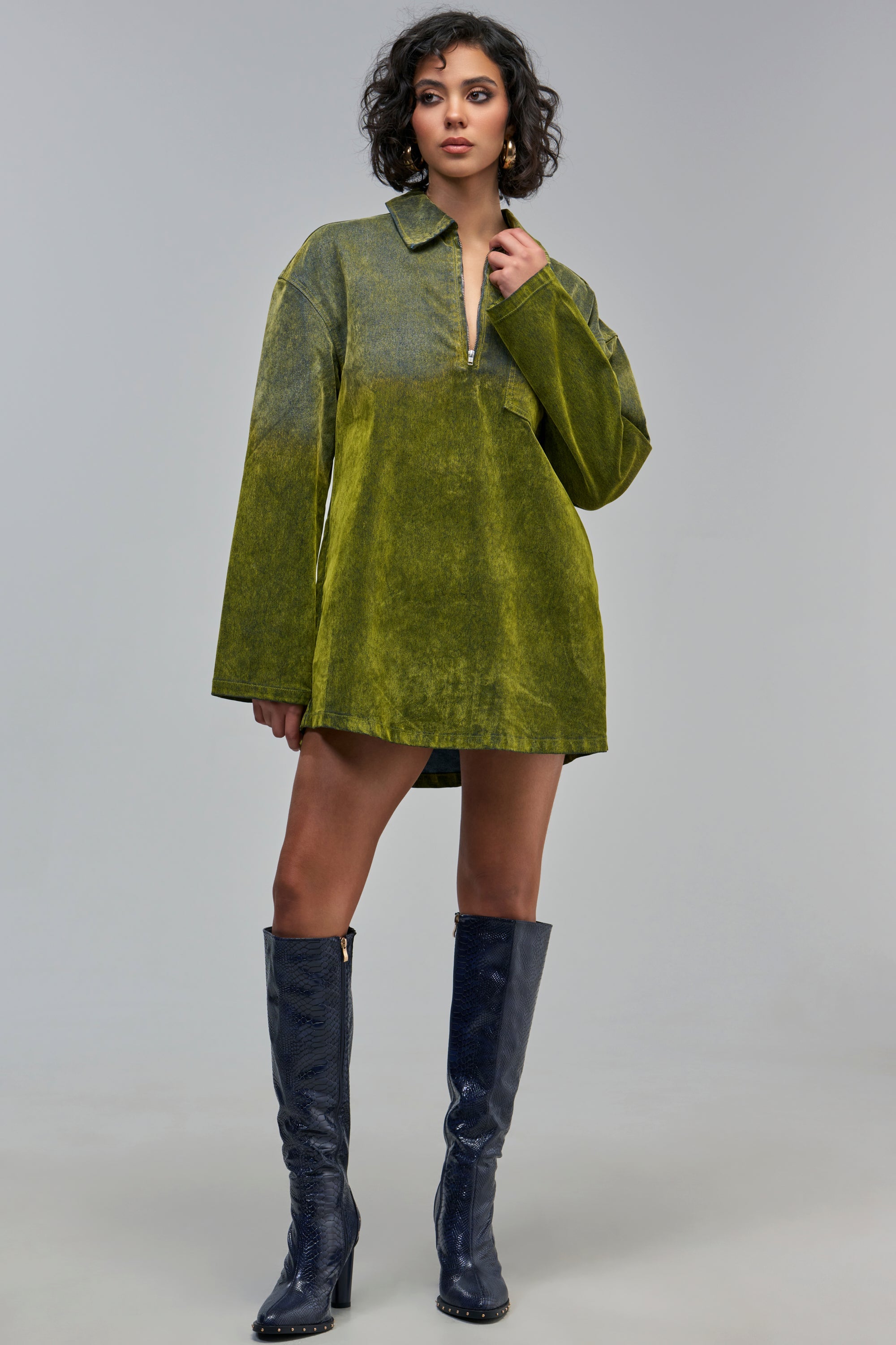 COOL GIRL OVERSIZED VELVET DENIM SHIRT DRESS IN GREEN