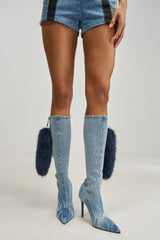 AZALEA WANG LOWEN DENIM FUR TAIL STILETTO BOOT