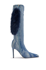 AZALEA WANG LOWEN DENIM FUR TAIL STILETTO BOOT