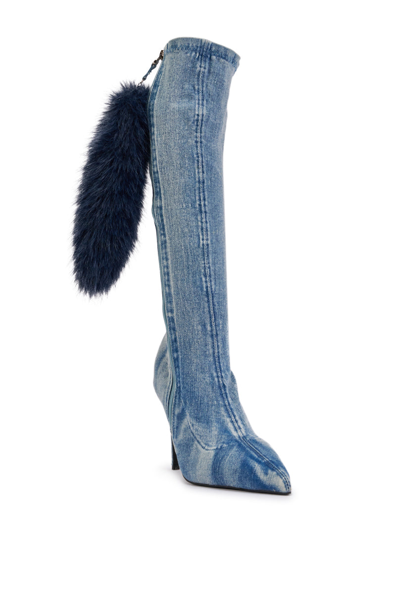 AZALEA WANG LOWEN DENIM FUR TAIL STILETTO BOOT