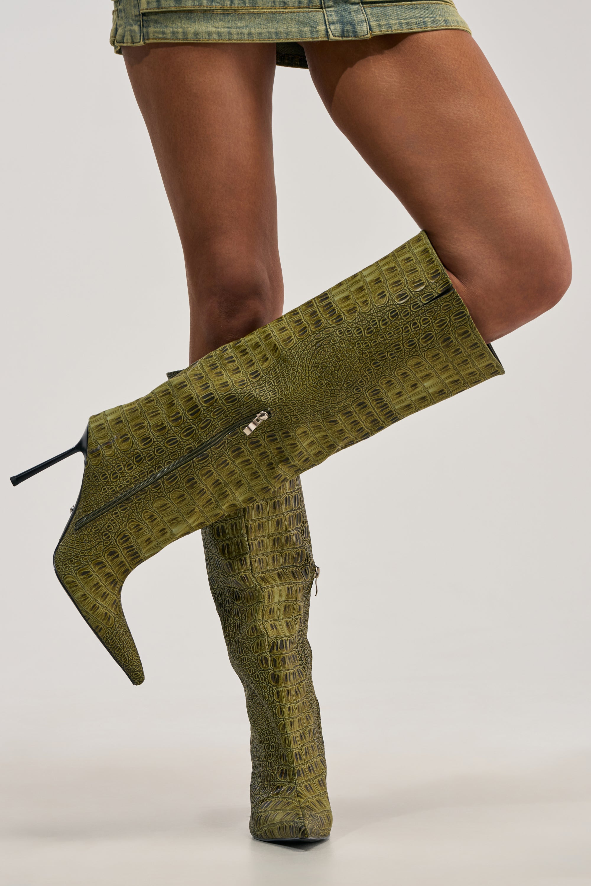 AZALEA WANG MADEYE OLIVE CROC STILETTO BOOT