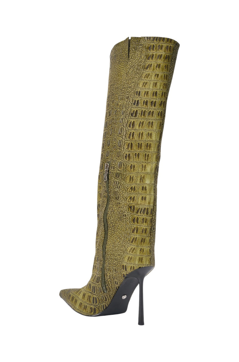 AZALEA WANG MADEYE OLIVE CROC STILETTO BOOT