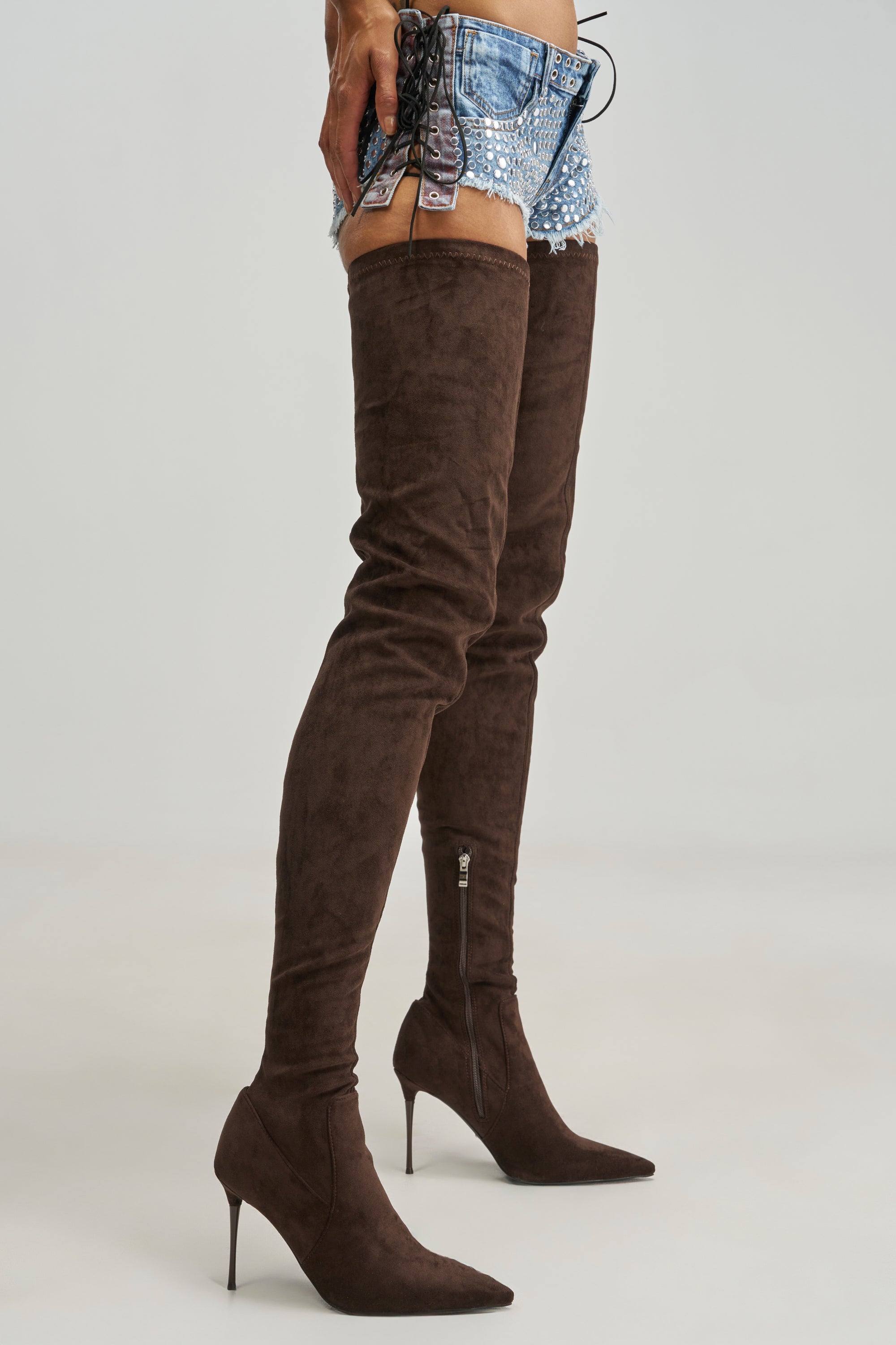 AZALEA WANG MILANDRA CHOCOLATE SUEDE STILETTO THIGH HIGH BOOT
