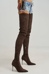 AZALEA WANG MILANDRA CHOCOLATE SUEDE STILETTO THIGH HIGH BOOT