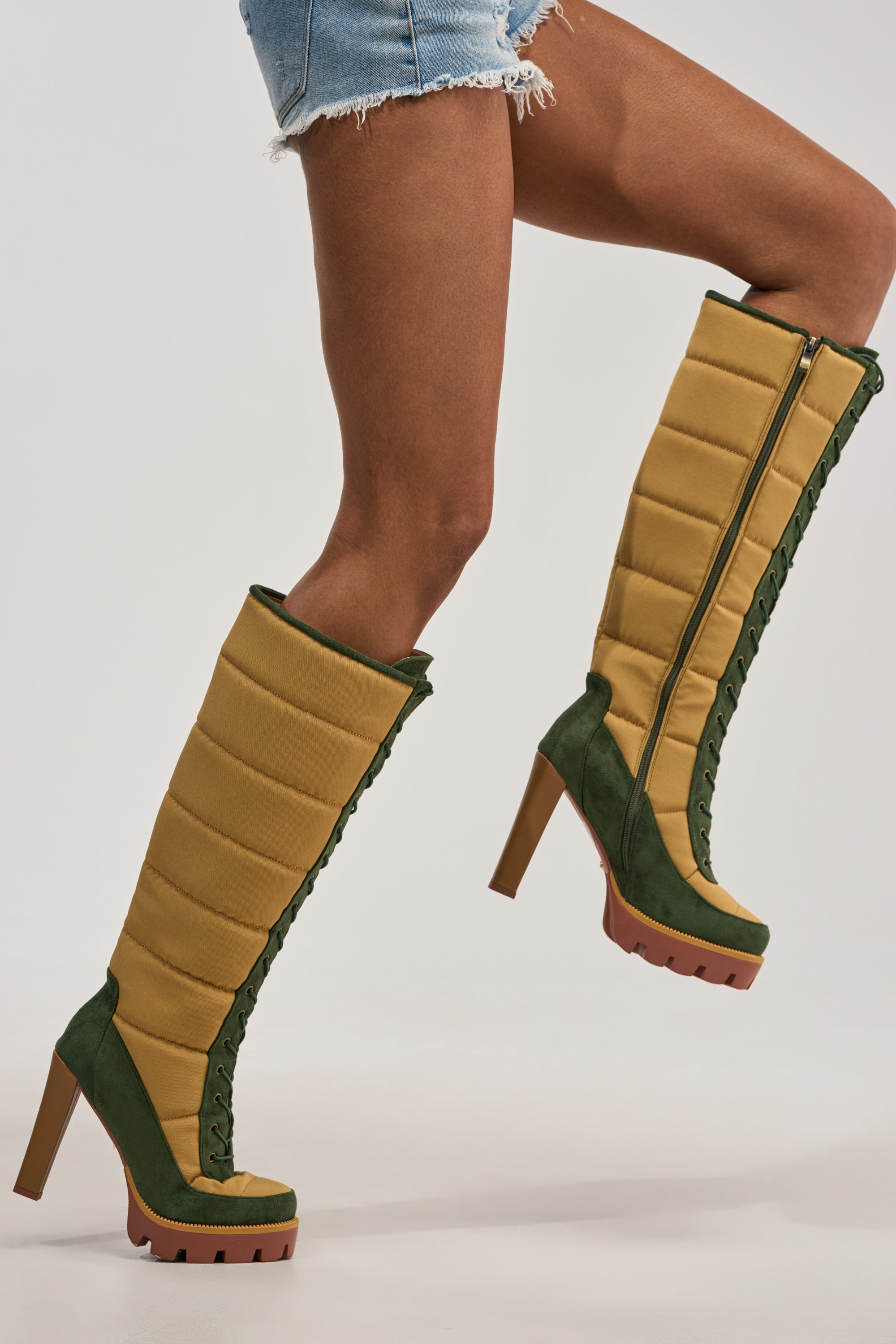 AZALEA WANG NADINE GREEN MULTI PUFFER BLOCK HEEL BOOT
