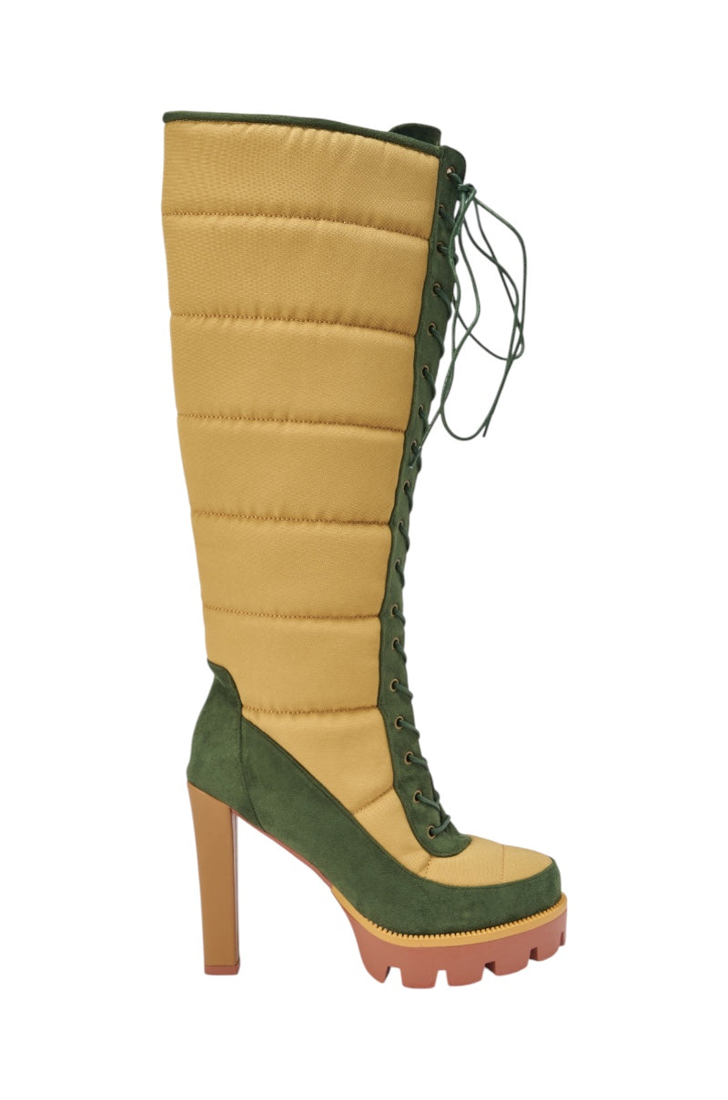 AZALEA WANG NADINE GREEN MULTI PUFFER BLOCK HEEL BOOT