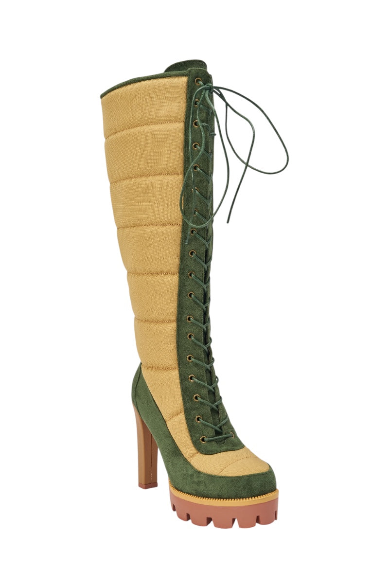 AZALEA WANG NADINE GREEN MULTI PUFFER BLOCK HEEL BOOT