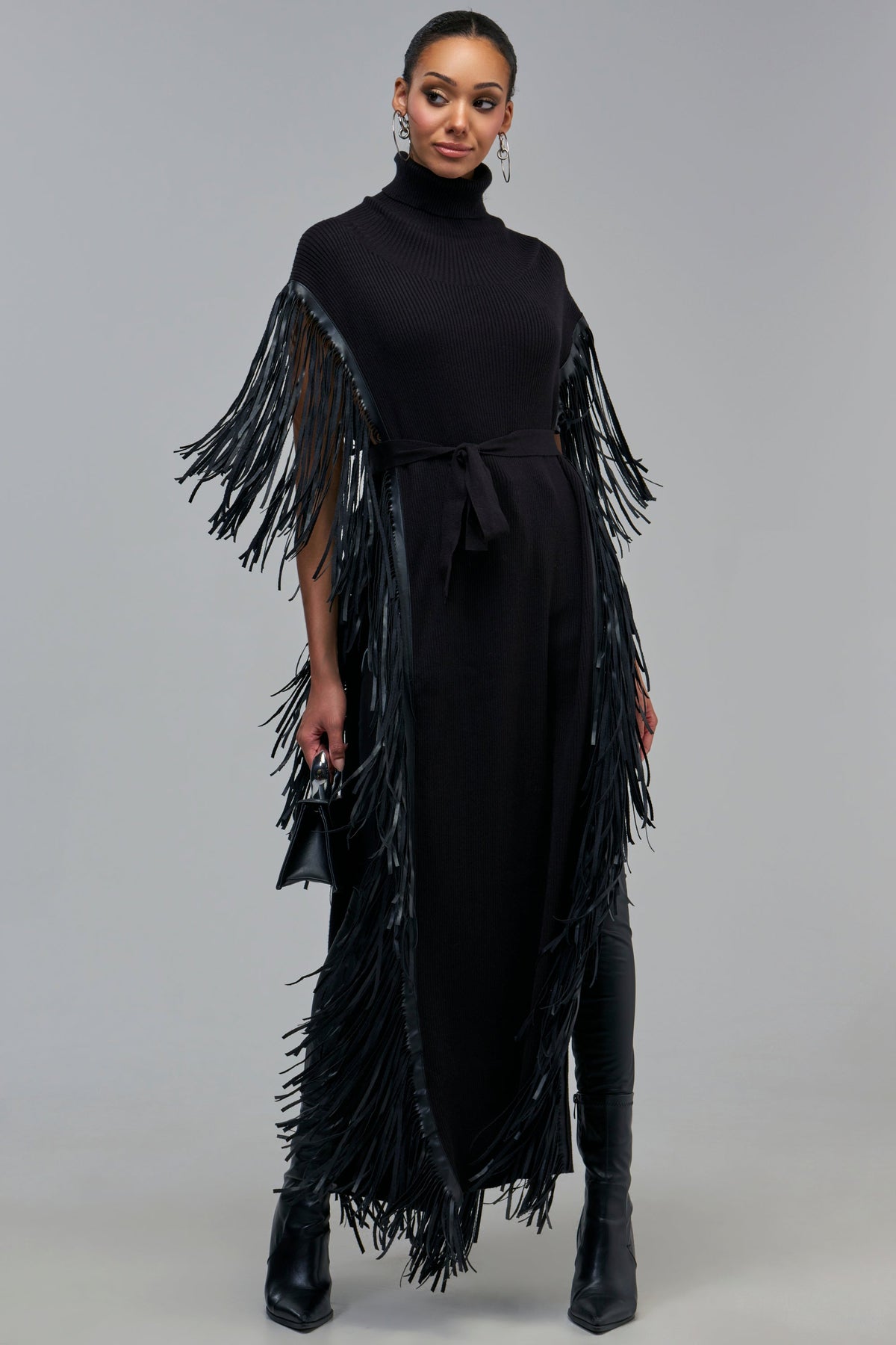 CHEYENNE FAUX BLACK LEATHER FRINGE BELTED SWEATER