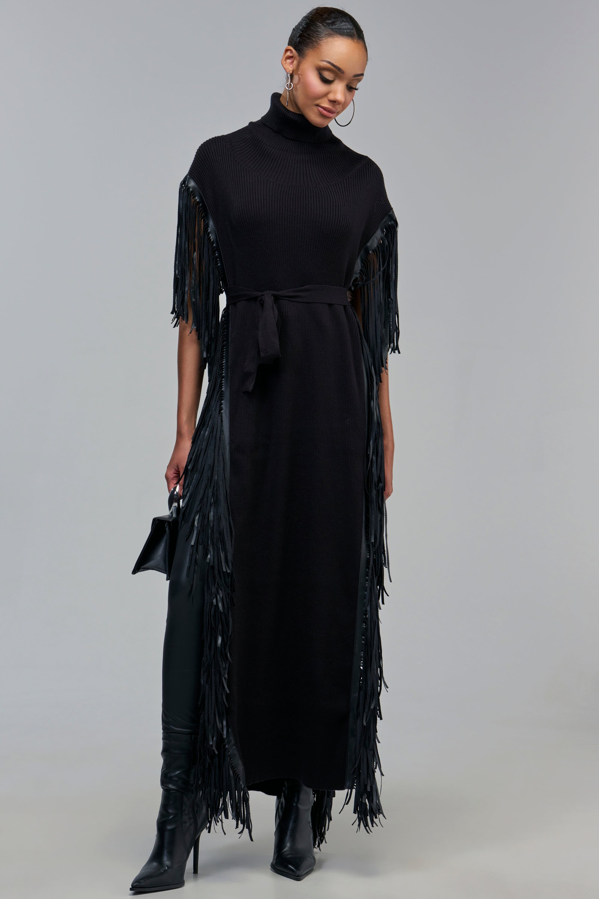 CHEYENNE FAUX BLACK LEATHER FRINGE BELTED SWEATER