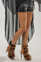 AZALEA WANG SERIOUS BROWN PLAID WITH FUR OPEN TOE STILETTO BOOTIE