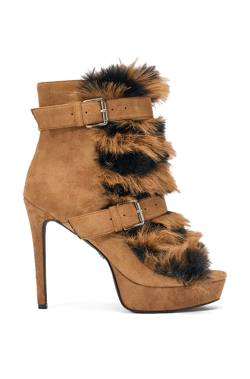 AZALEA WANG SERIOUS BROWN PLAID WITH FUR OPEN TOE STILETTO BOOTIE