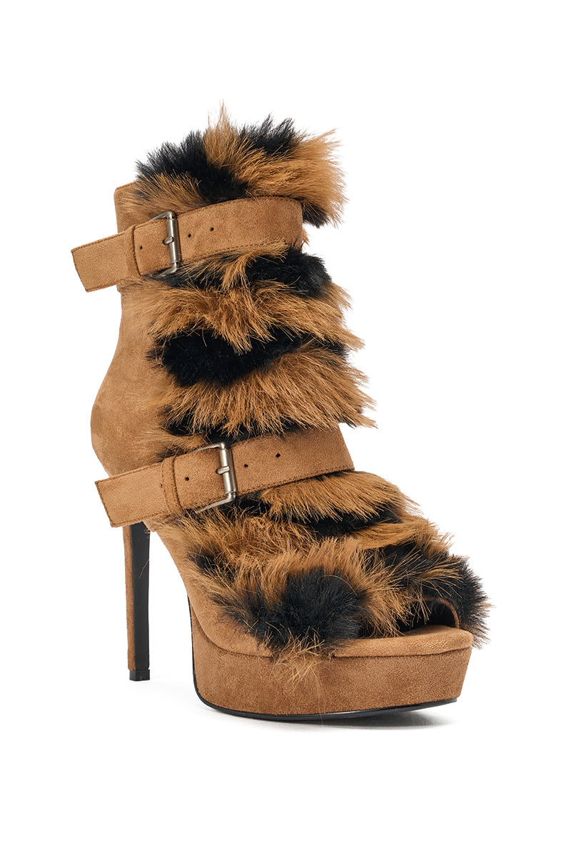 AZALEA WANG SERIOUS BROWN PLAID WITH FUR OPEN TOE STILETTO BOOTIE