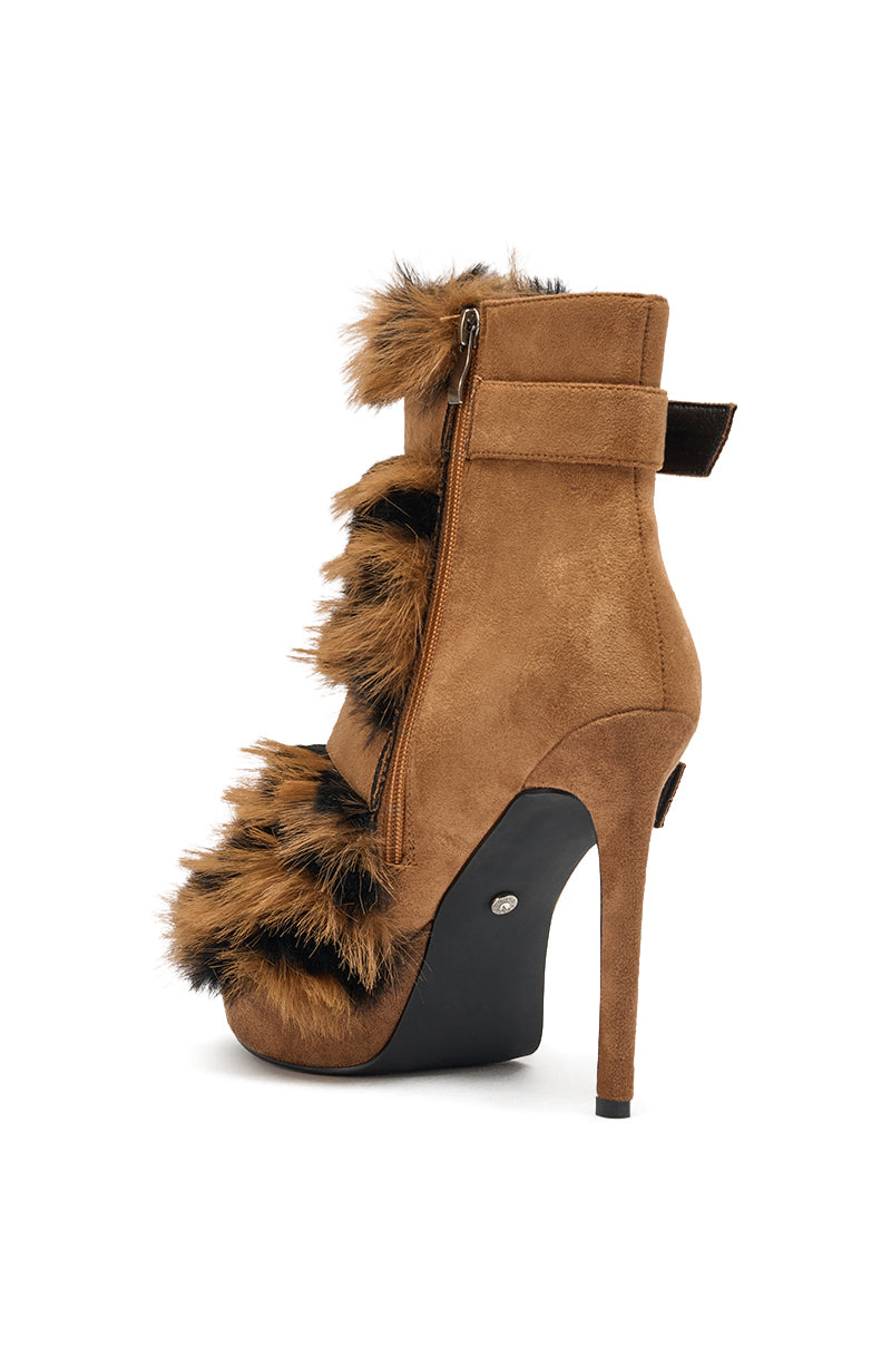 AZALEA WANG SERIOUS BROWN PLAID WITH FUR OPEN TOE STILETTO BOOTIE
