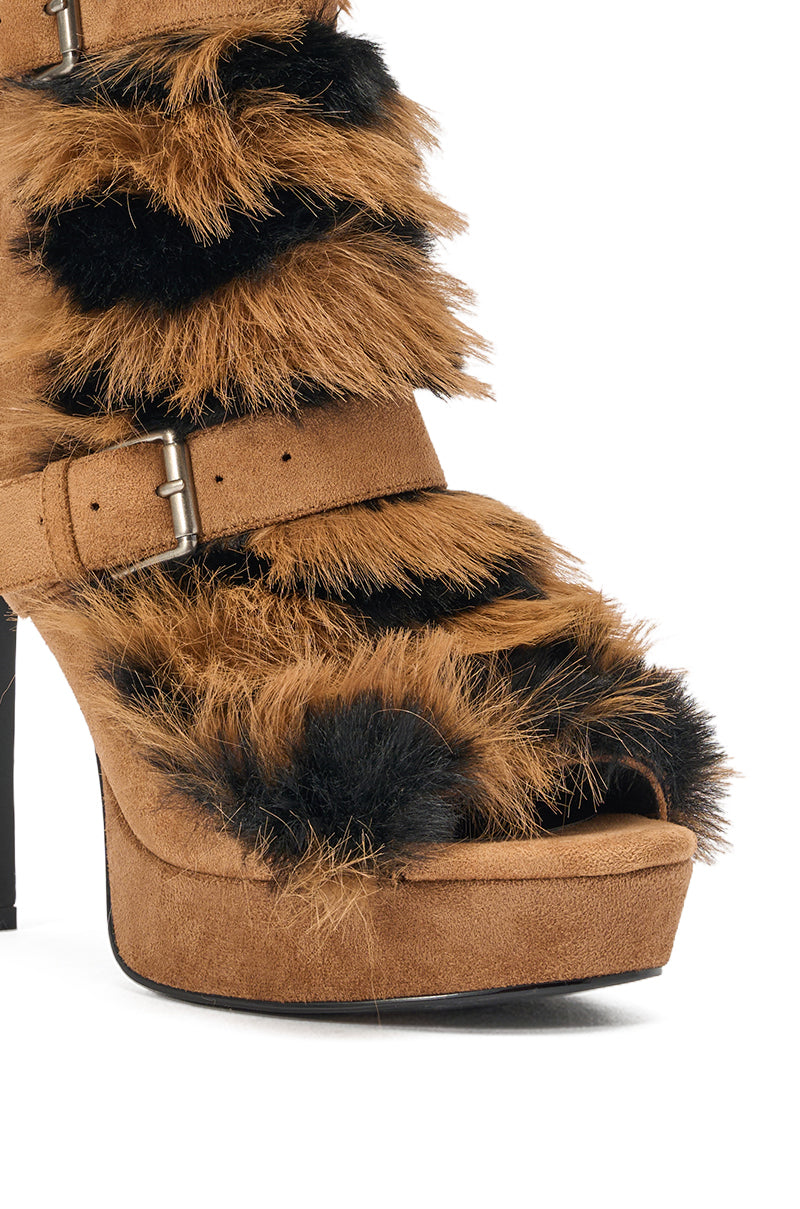 AZALEA WANG SERIOUS BROWN PLAID WITH FUR OPEN TOE STILETTO BOOTIE