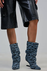 AZALEA WANG SERONA DENIM ZEBRA WEDGE BOOTIE