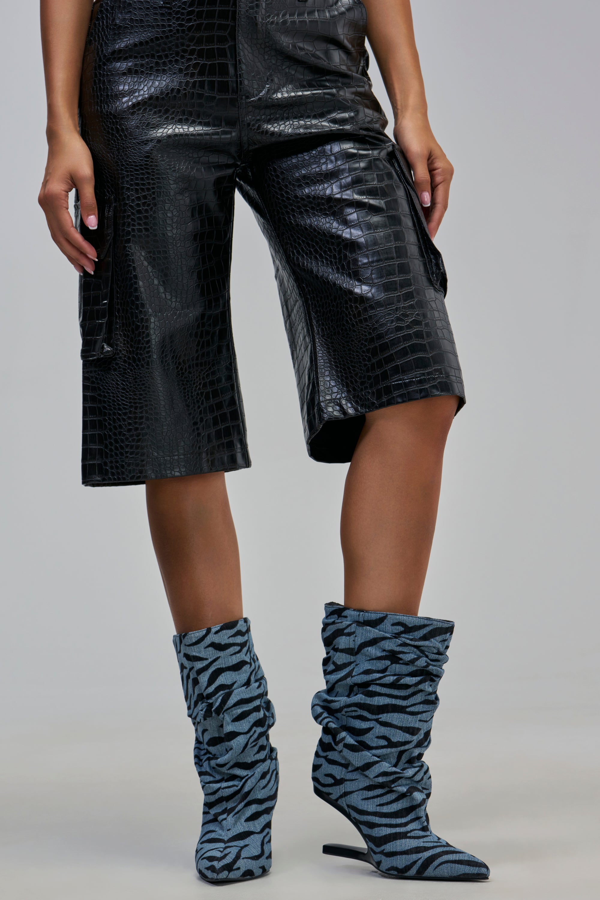 AZALEA WANG SERONA DENIM ZEBRA WEDGE BOOTIE