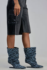 AZALEA WANG SERONA DENIM ZEBRA WEDGE BOOTIE