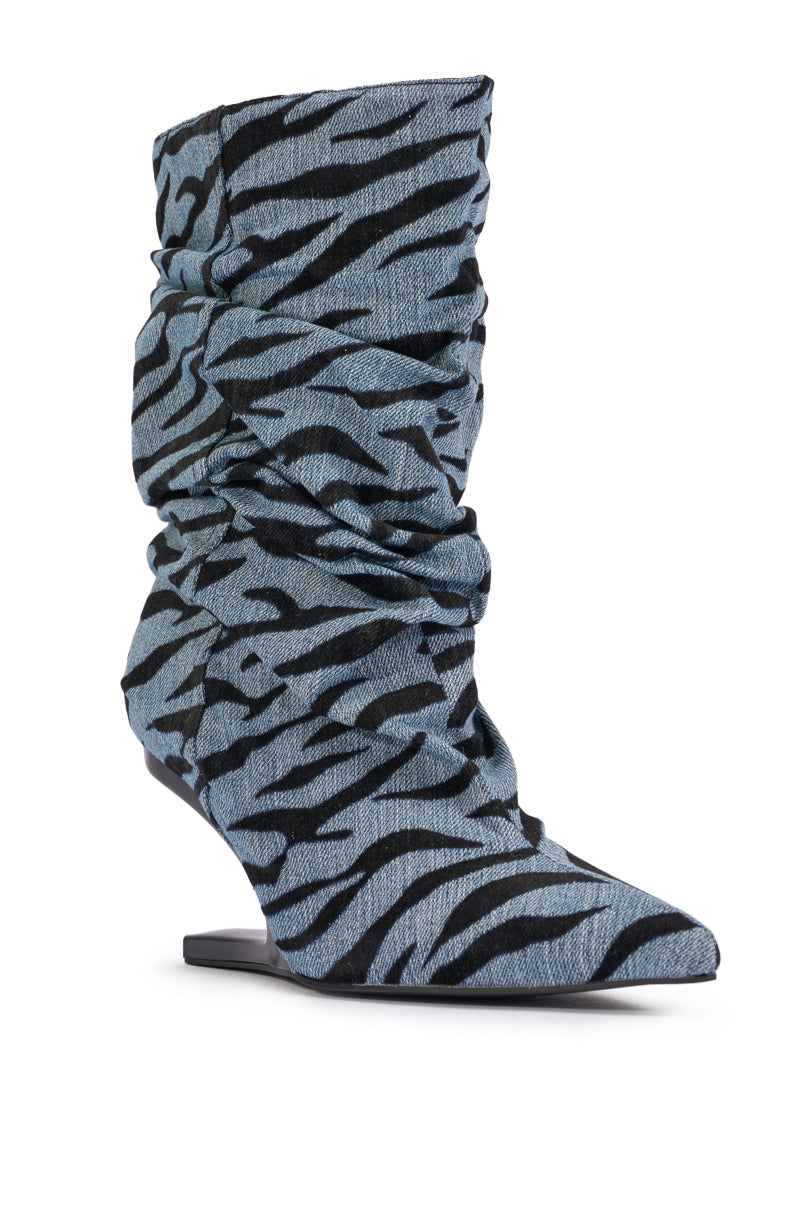 AZALEA WANG SERONA DENIM ZEBRA WEDGE BOOTIE