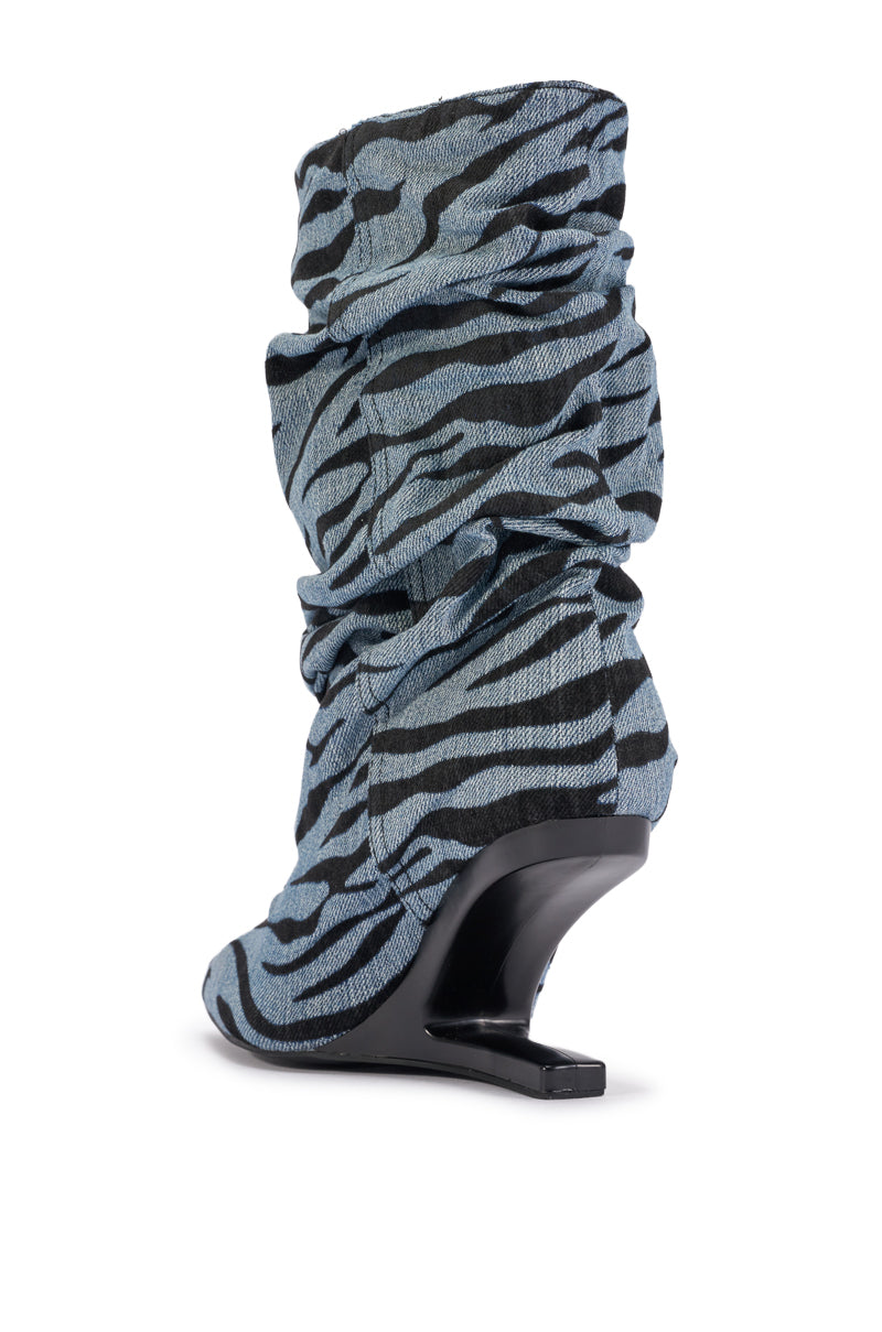 AZALEA WANG SERONA DENIM ZEBRA WEDGE BOOTIE