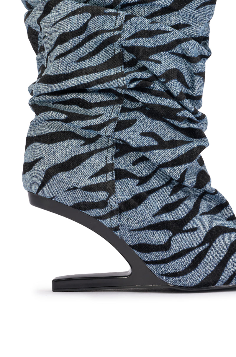 AZALEA WANG SERONA DENIM ZEBRA WEDGE BOOTIE