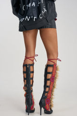 AZALEA WANG SHAINE BLACK MULTI GLADIATOR STITCH AND FUR SANDAL