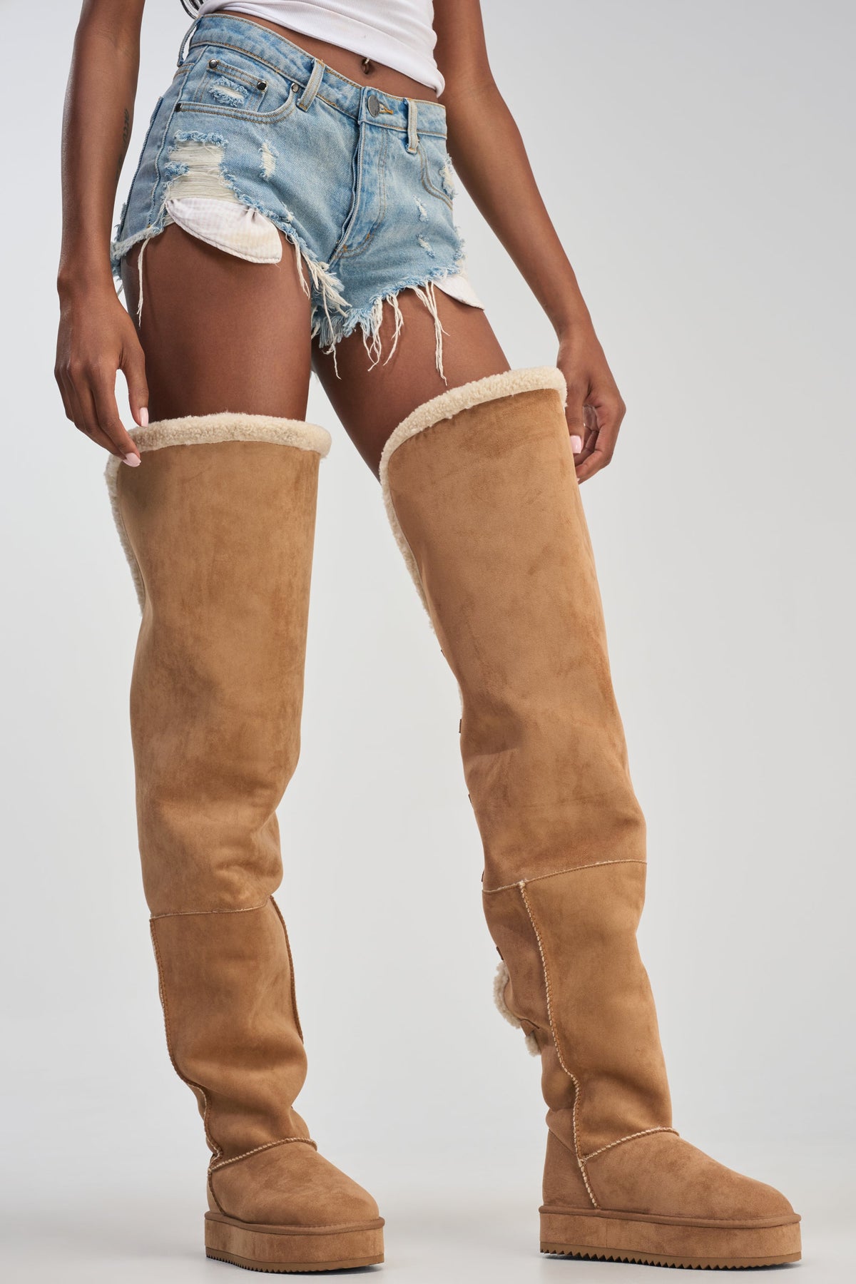 AZALEA WANG SHEA CHESTNUT FAUX SUEDE SHEARLING THIGH HIGH FLAT BOOT