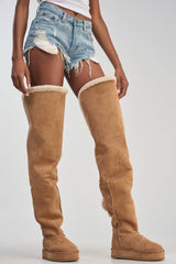 AZALEA WANG SHEA CHESTNUT FAUX SUEDE SHEARLING THIGH HIGH FLAT BOOT