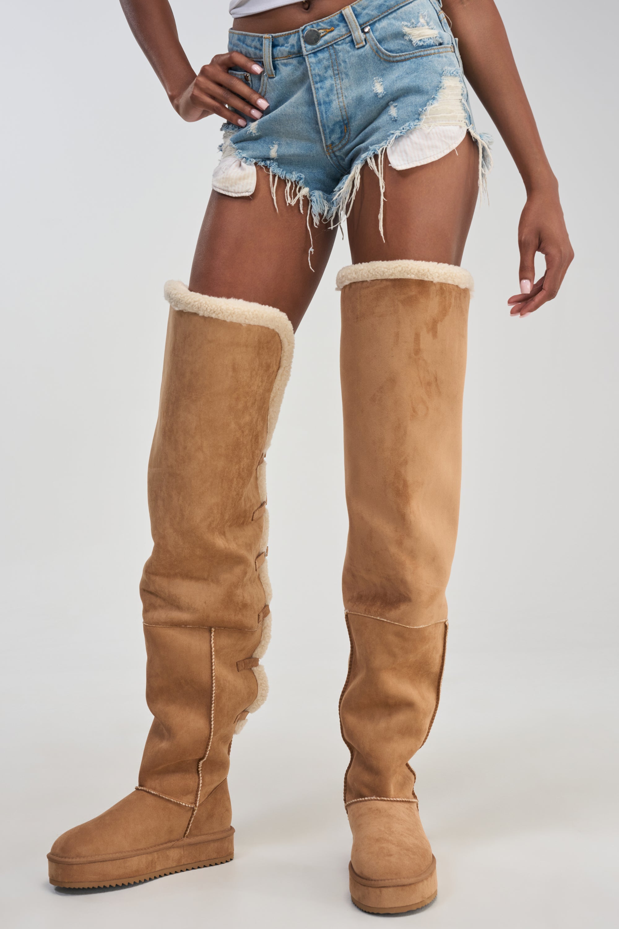 AZALEA WANG SHEA CHESTNUT FAUX SUEDE SHEARLING THIGH HIGH FLAT BOOT