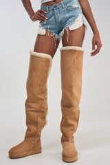 AZALEA WANG SHEA CHESTNUT FAUX SUEDE SHEARLING THIGH HIGH FLAT BOOT
