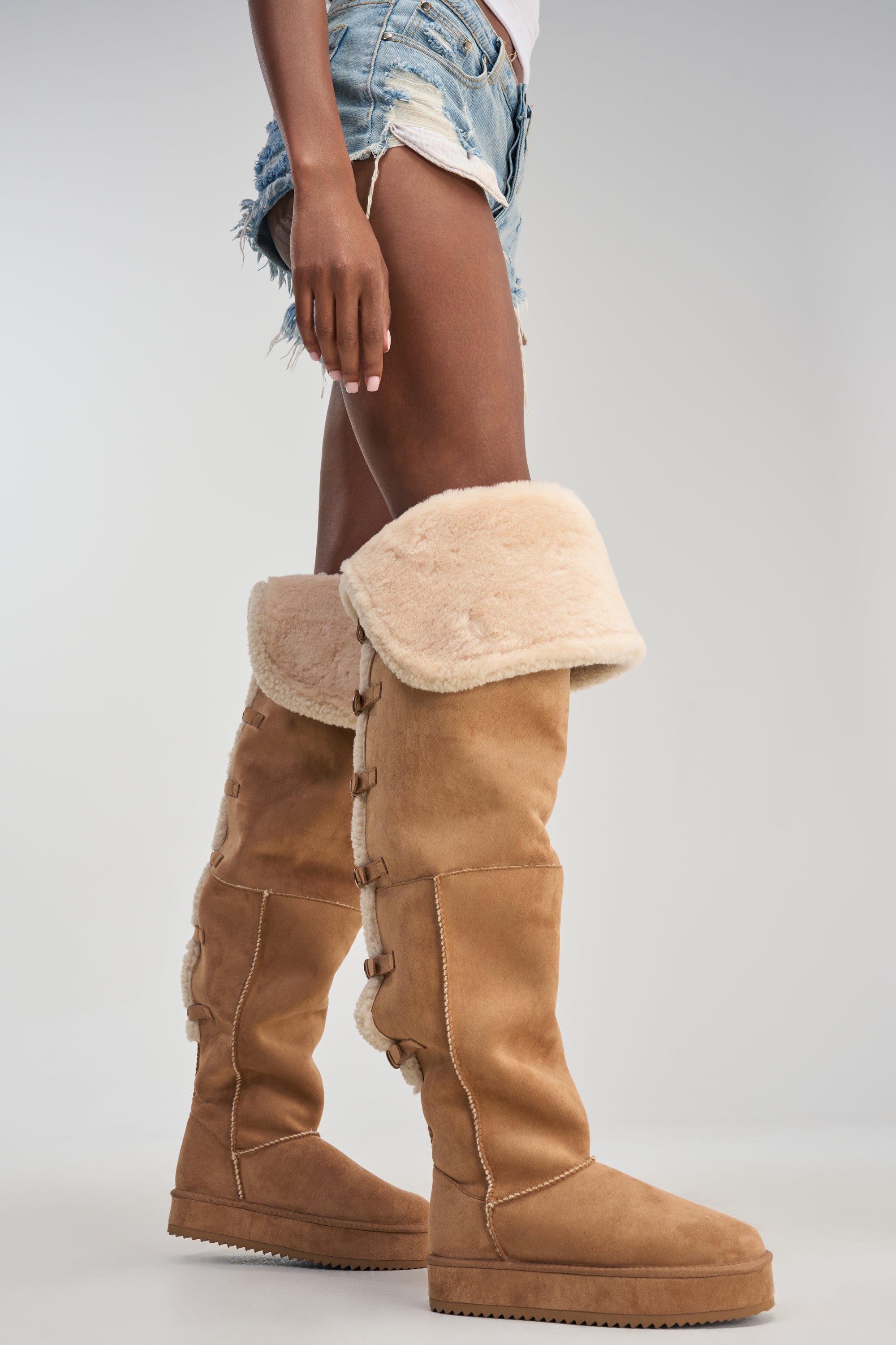 AZALEA WANG SHEA CHESTNUT FAUX SUEDE SHEARLING THIGH HIGH FLAT BOOT